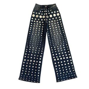 Dark Wash Wide Leg Jeans with Silver Mirror Dot Detail